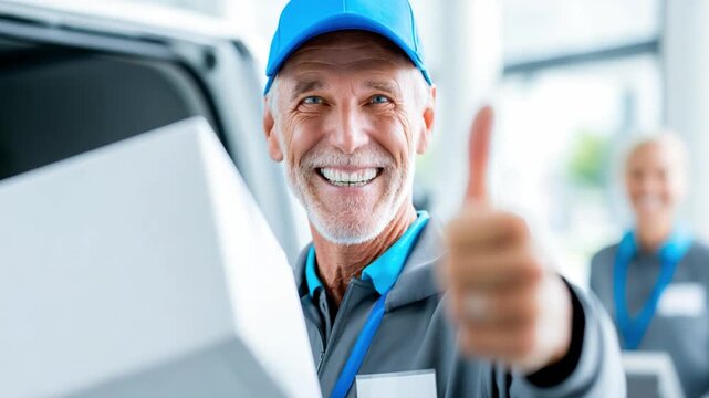 Delivering Success: Smiling delivery person giving a thumbs-up in a cheerful gesture, embodies the essence of prompt service and customer satisfaction.