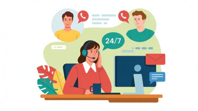 Round-the-Clock Support: A dedicated customer service representative provides assistance, her headset ready, while icons signal communication and constant availability.