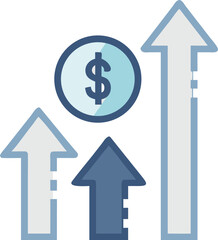 3D gold dollar sign with an arrow pointing up, illustrating finance market success, growth, and real estate investment concept