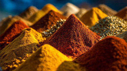 A vibrant pile of golden yellow and orange spices captured up close, showcasing rich texture, warmth, and natural colors, symbolizing flavor, culinary creativity, and aromatic delight