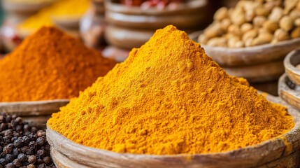 A vibrant pile of golden yellow and orange spices captured up close, showcasing rich texture, warmth, and natural colors, symbolizing flavor, culinary creativity, and aromatic delight