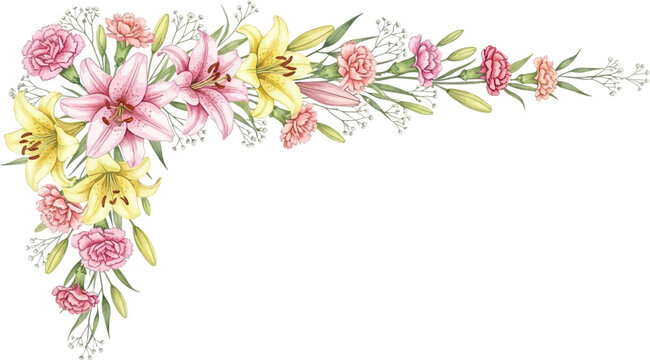 Elegant watercolor floral corner border with pink lilies, yellow lilies, and carnations, perfect for spring designs