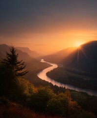 Sunbeam illuminating winding river valley at sunset nature landscape photography tranquil environment aerial view