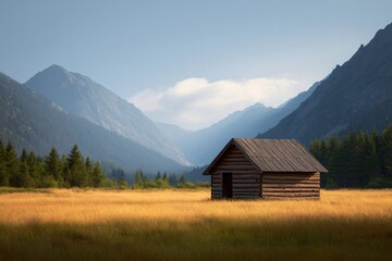 Tranquil wooden cabin nestled in valley surrounded by majestic mountains nature landscape photography