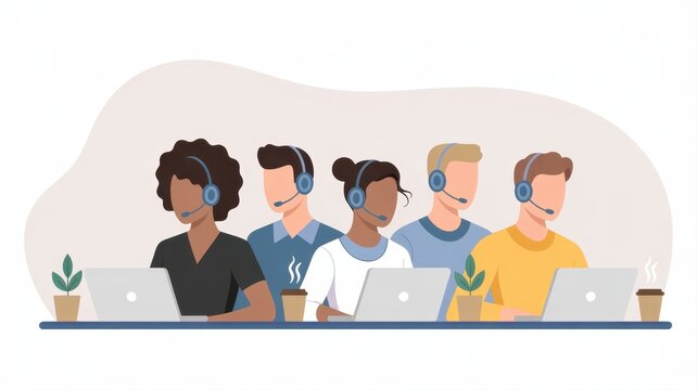 Support Symphony: An illustration featuring a diverse group of customer service representatives, each immersed in their role with headsets and laptops, embodies dedication in a professional setting. 