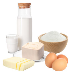 essential ingredients for baking delicious homemade bread, cakes, or pastries, including fresh milk, yeast, butter, sugar, and eggs, isolated on black.