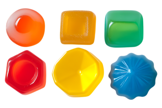 collection of six vibrant, glossy, and translucent jelly or gummy candy pieces in various geometric and molded shapes, isolated on a stark transparent background. - Powered by Adobe