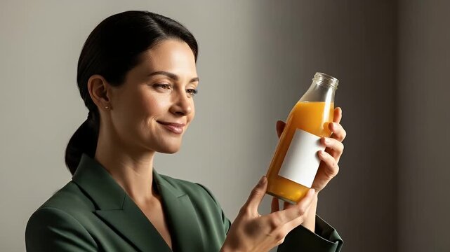 Smiling Woman Holding Glass Bottle with Orange Juice in Green Blazer on Grey Background
