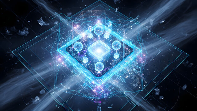 Glowing blue square structure with spheres and cube shapes in a futuristic digital environment