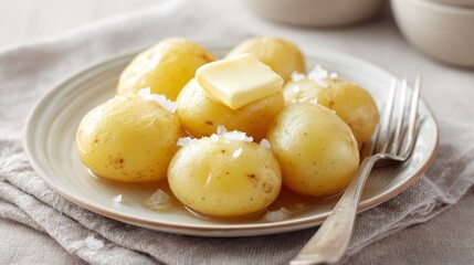 A plate of small, golden boiled potatoes topped with melting butter and coarse salt. A fork rests beside them