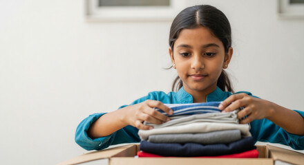 Young Indian girl placing donated clothes into a charity box. Child helping pack apparel for a humanitarian cause. Giving and support concept with copy space