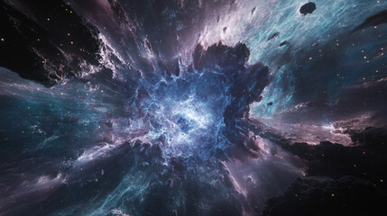 A swirling space-time warp with streaks of bright light stretching into infinity. Cosmic tunnel effect with glowing particles, deep blues, purples, and luminous motion blur creating a hyperspeed illus