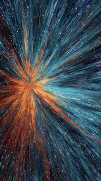 A swirling space-time warp with streaks of bright light stretching into infinity. Cosmic tunnel effect with glowing particles, deep blues, purples, and luminous motion blur creating a hyperspeed illus