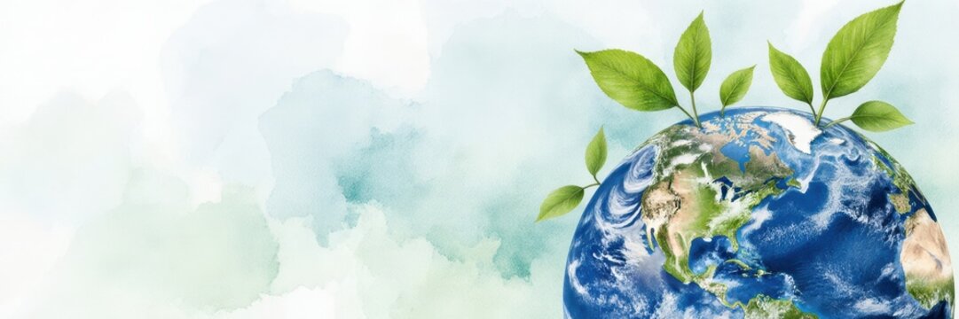 Illustration of green saplings growing on planet earth. Ecology, sustainability, and environmental protection concept on a watercolor background. Banner with copy space