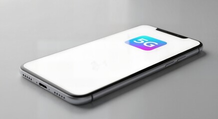 Smartphone displaying 5G icon on screen. Mobile phone on grey background with high speed internet concept. Wireless communication technology