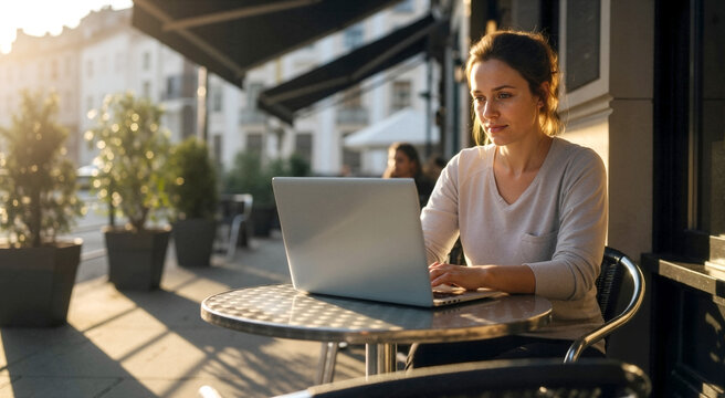 Young woman working on laptop at outdoor cafe during sunset. Freelancer typing on computer with sunlight and city background. Remote work and 5G connectivity concept
