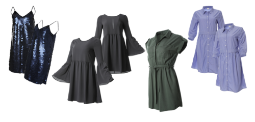 collection of various stylish women's dresses including sequin slip dresses, shirt dresses, and chiffon styles, isolated against black.