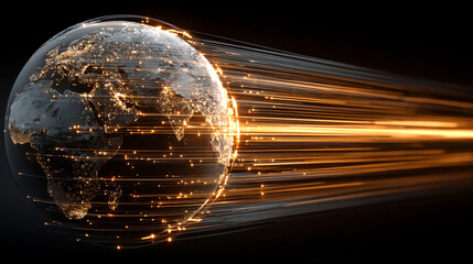 A rotating globe surrounded by optical fiber clouds transmitting signals across the universe, symbolizing global communication, data networks, technology, connectivity, and futuristic space-inspired d