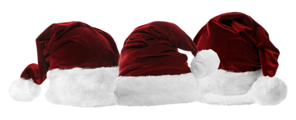 lineup of three classic red velvet santa claus hats featuring white plush trim, isolated against a pure black backdrop.