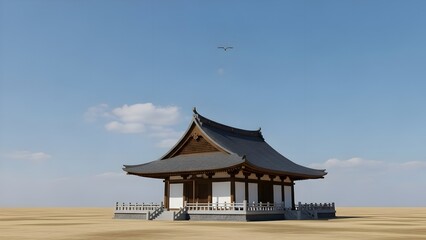 Tranquil temple under blue sky evokes peace and serenity, perfect for mindfulness campaigns and travel brochures, a timeless icon of Asian culture
