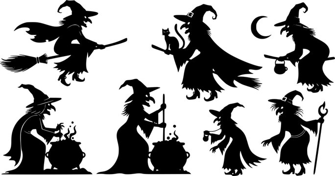 halloween whitch set silhoutte in white backraund
