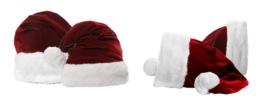 pair of luxurious dark red burgundy velvet santa hats with thick white faux fur trim, isolated against a solid transparent background.