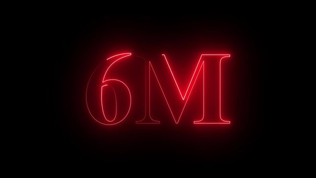 Glowing neon light 6M followers or subscribers celebration text animation on black background, Number 6M Neon Futuristic Effect, Trendy Glow Lighting, 6M animation neon text effect motion. 4k