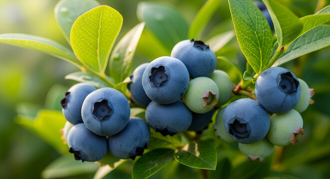 A vibrant close-up of ripe and unripe blueberries on a bush under the sun - Powered by Adobe