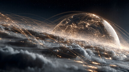 A rotating globe surrounded by optical fiber clouds transmitting signals across the universe, symbolizing global communication, data networks, technology, connectivity, and futuristic space-inspired d
