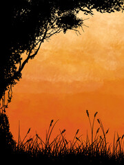 Golden Hour Tree and Grass Silhouette