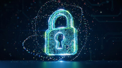 Abstract digital padlock icon illuminating data protection and cybersecurity, symbolizing secure network access and information privacy in a futuristic tech landscape