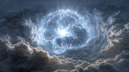 A rotating globe surrounded by optical fiber clouds transmitting signals across the universe, symbolizing global communication, data networks, technology, connectivity, and futuristic space-inspired d