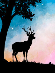 Deer Family Silhouettes in a Misty Forest Landscape