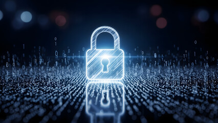 Glowing padlock over binary code background representing digital security and data protection concept
