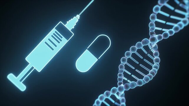 Futuristic medical animation featuring a syringe icon, pill capsule, and rotating DNA helix. Soft blue holographic glow, smooth floating movement, laboratory lighting, clean sterile environment, minim