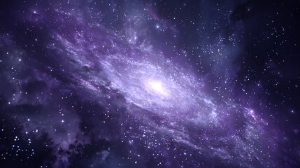Spiral galaxy glowing purple in a dark starry sky, slowly rotating and zooming in, creating a 3D nebula animation perfect for meditation, relaxation music, and cosmic visualization experiences
