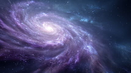 Spiral galaxy glowing purple in a dark starry sky, slowly rotating and zooming in, creating a 3D nebula animation perfect for meditation, relaxation music, and cosmic visualization experiences