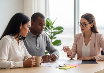 Diverse Couple Meeting with Financial Advisor at Office Table Discussing Important Documents and Strategy
