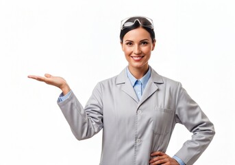 Smiling female scientist in lab coat and goggles presenting product or idea