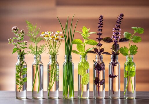 Various fresh green herbs with water in small glass bottles for natural use