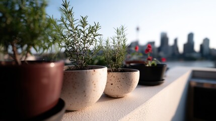A serene urban scene featuring potted plants on a ledge, with a city skyline in the background, showcasing a blend of nature and architecture.