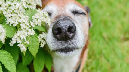 A close-up of a dog enjoying the scent of flowers, with its eyes closed and nose touching the greenery, conveying a sense of contentment and tranquility.