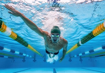 Fototapeta premium Powerful Male Swimmer Performing a Stroke Underwater in a Clear Blue Pool