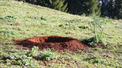 A circular depression in the ground surrounded by green grass, with a small plant growing nearby.