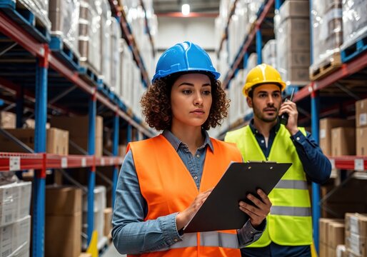 Female Worker With Clipboard And Male Colleague Using Walkie-Talkie In Modern Warehouse