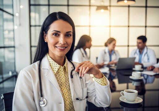 Confident Female Doctor Smiling with Medical Team in Modern Meeting Room