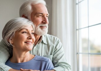 Affectionate senior couple with silver hair gazing out window together