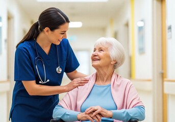 Obraz premium Smiling Young Female Nurse Providing Compassionate Care to Elderly Woman in a Hospital Hallway