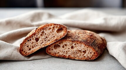 A rustic bread loaf, cut in half, displaying a chewy crust and airy interior, placed on a neutral-toned cloth against a blurred background.