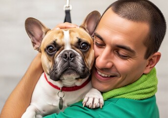 Happy Man Gently Hugging His Adorable French Bulldog, Showing Affection and Pet Owner Bond